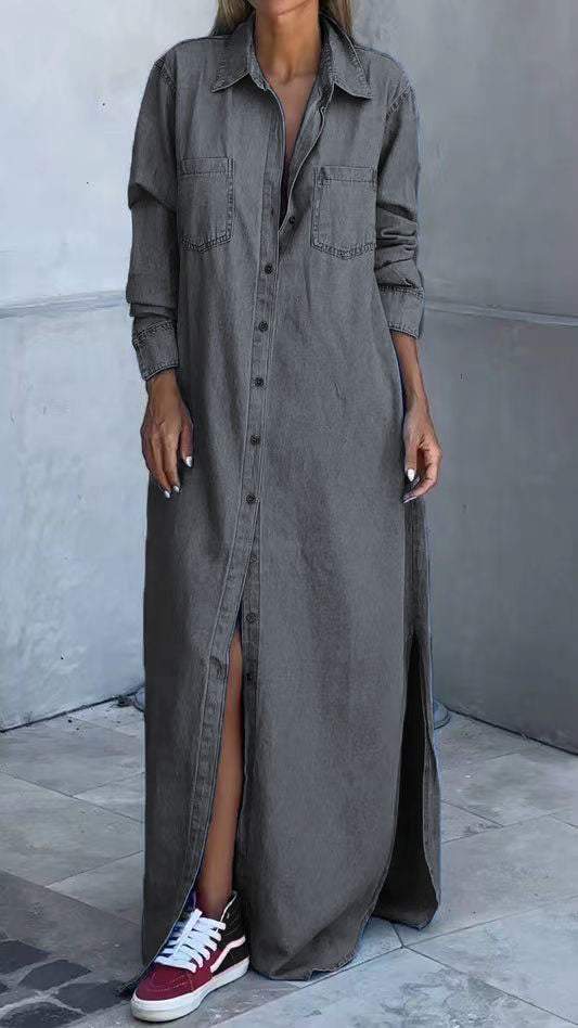 Rochie din denim cu maneci lungi si revere