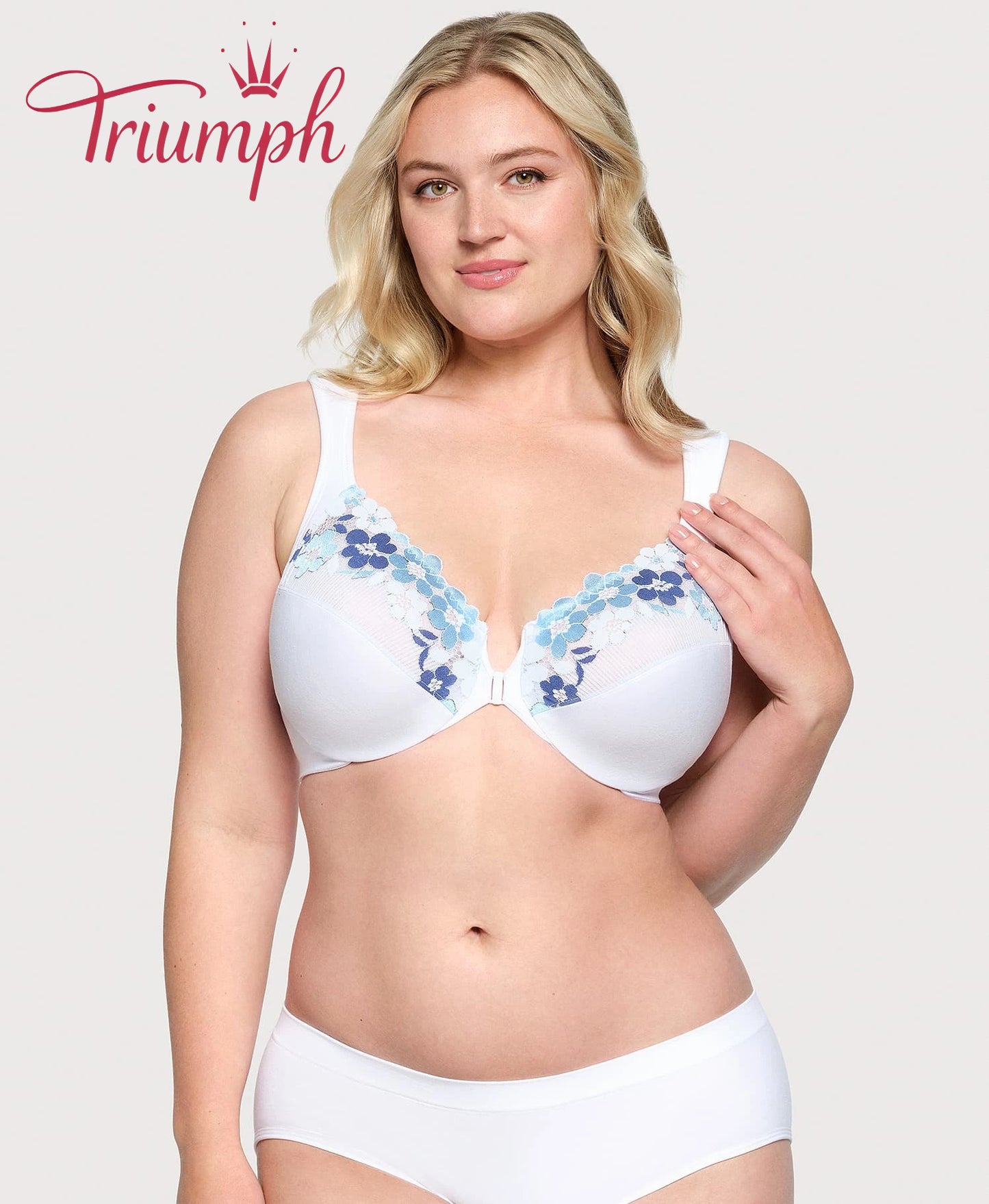 Triumph - (3 piese) Sutien din bumbac cu dantelă brodată, cu închidere în față