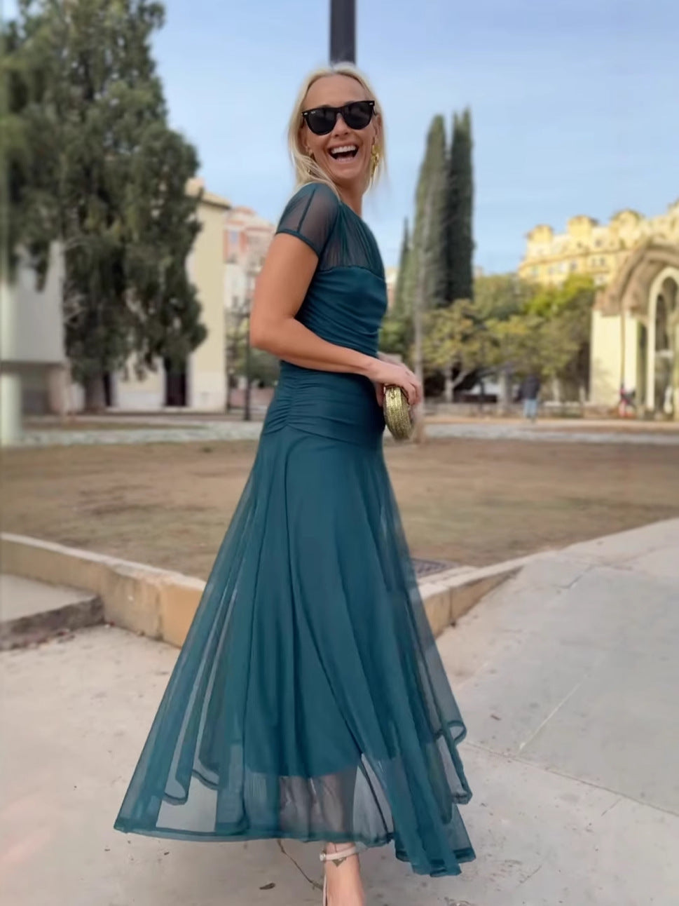 Rochie casual din șifon pentru femei, cu decolteu rotund și cusături