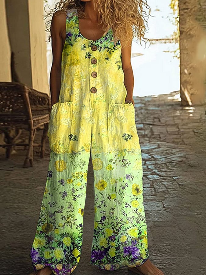 Salopetă casual vintage cu imprimeu floral petic pentru femei