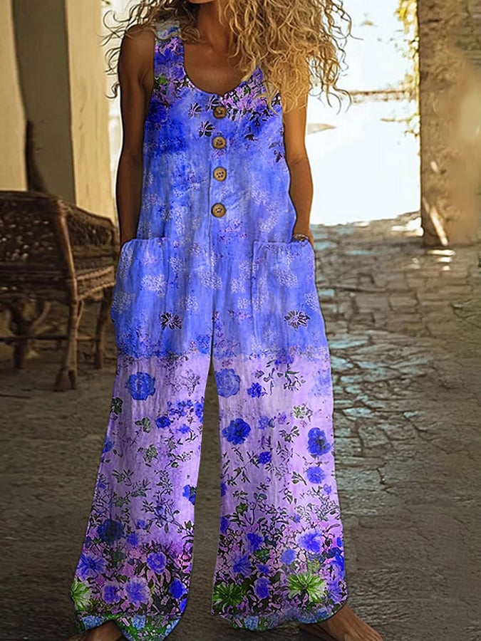 Salopetă casual vintage cu imprimeu floral petic pentru femei