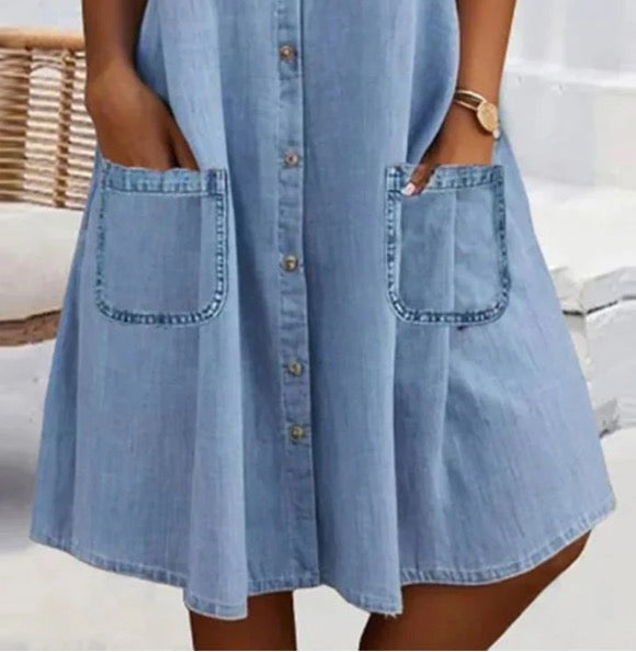 ⏳Rochie dreaptă albastră cu guler și bordură din dantelă în stil Mini denim
