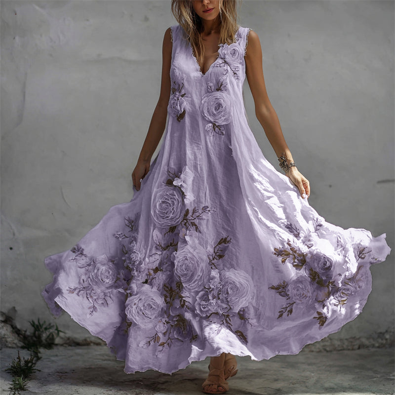 Sukienka maxi z lnu w stylu vintage z wzorem białej róży