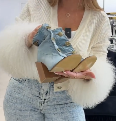 Pantofi la modă pentru femei cu toc înalt, confecționați din denim și nasturi