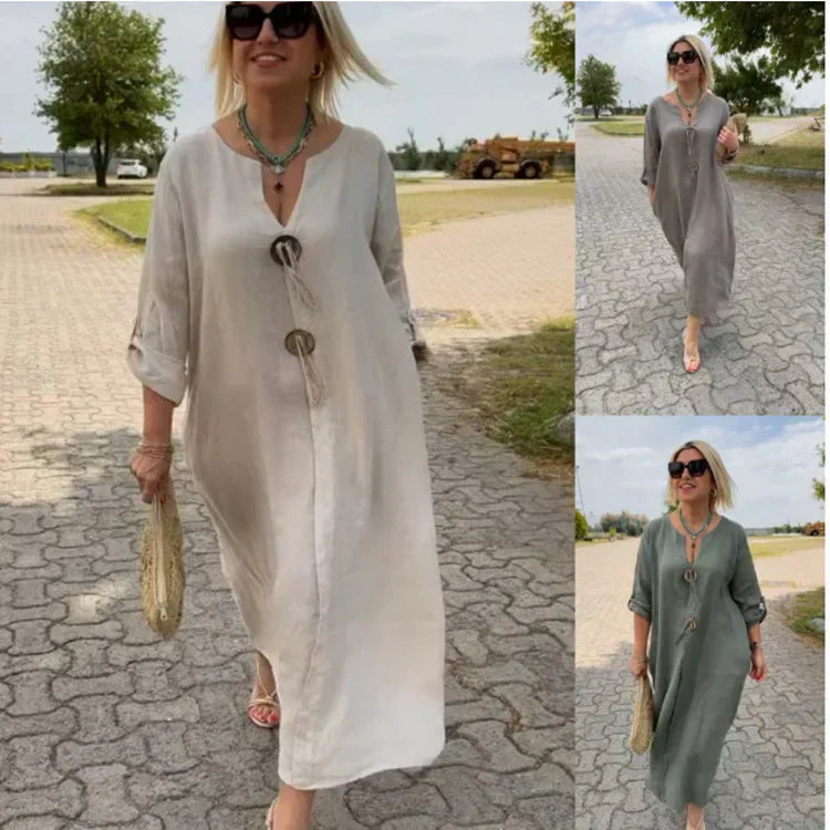 🎁👗Rochie cu decolteu în V din bumbac și in