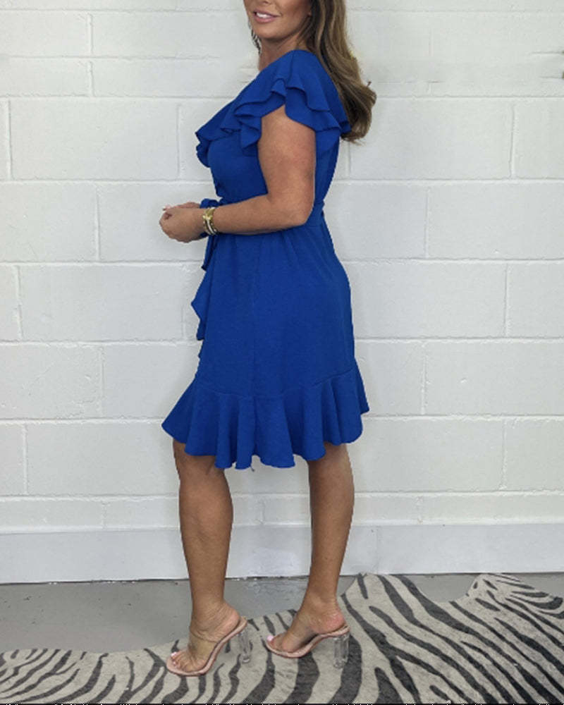 Vara 2025 Noua rochie cu decolteu in V Rochie cu volane de culoare solida