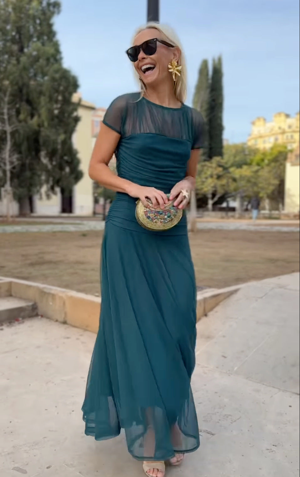 Rochie casual din șifon pentru femei, cu decolteu rotund și cusături