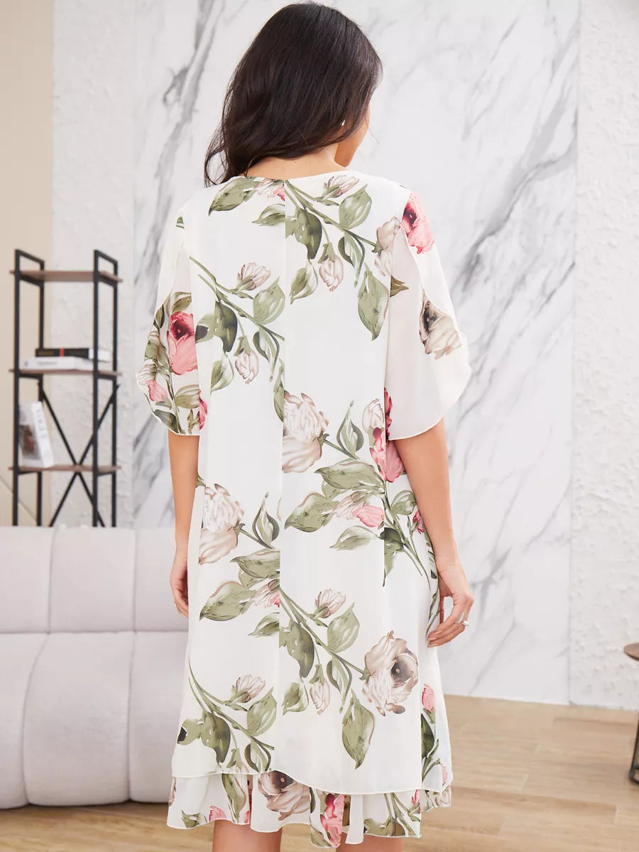 ❀Rochie elegantă de damă din șifon cu mânecă scurtă și imprimeu