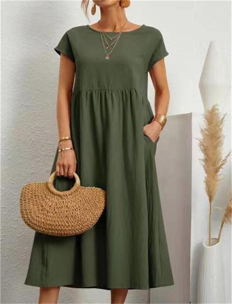 š„Rochie de bumbac largi, monocolor, cu buzunare