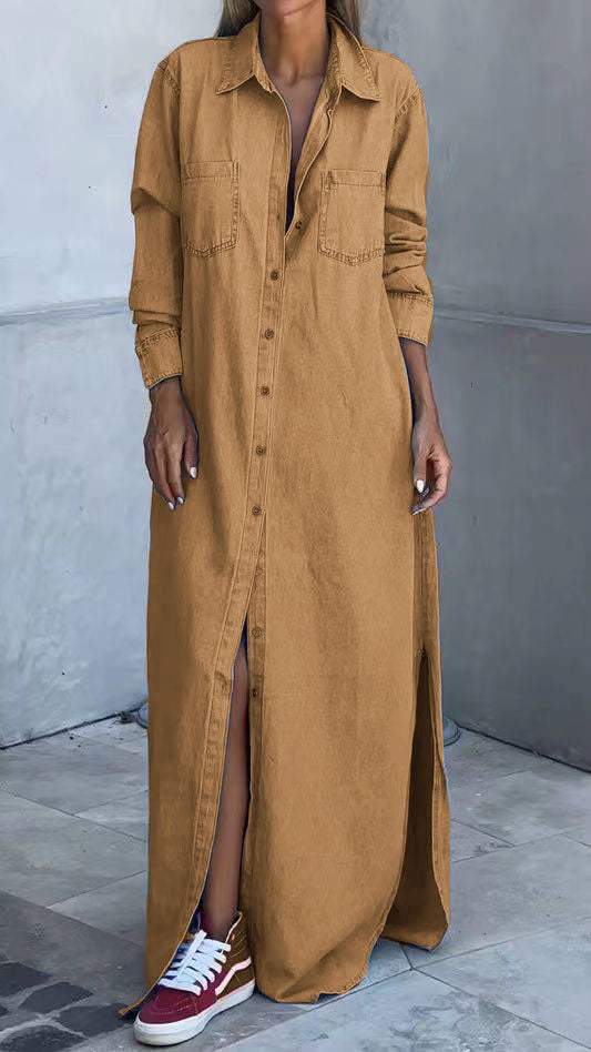 Rochie din denim cu maneci lungi si revere