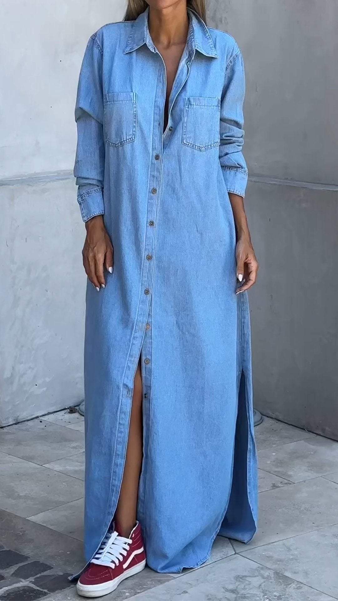 Rochie din denim cu maneci lungi si revere