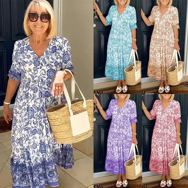 Rochie imprimată cu decolteu în V, elegantă și stilată