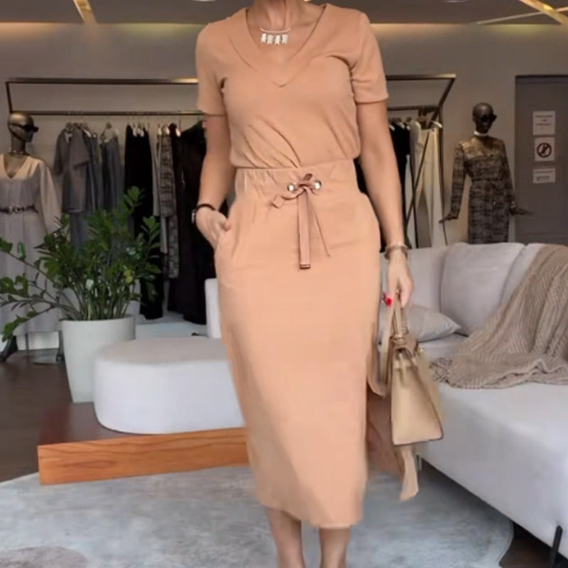 💥Set tricou și fustă midi de damă cu decolteu în V👗