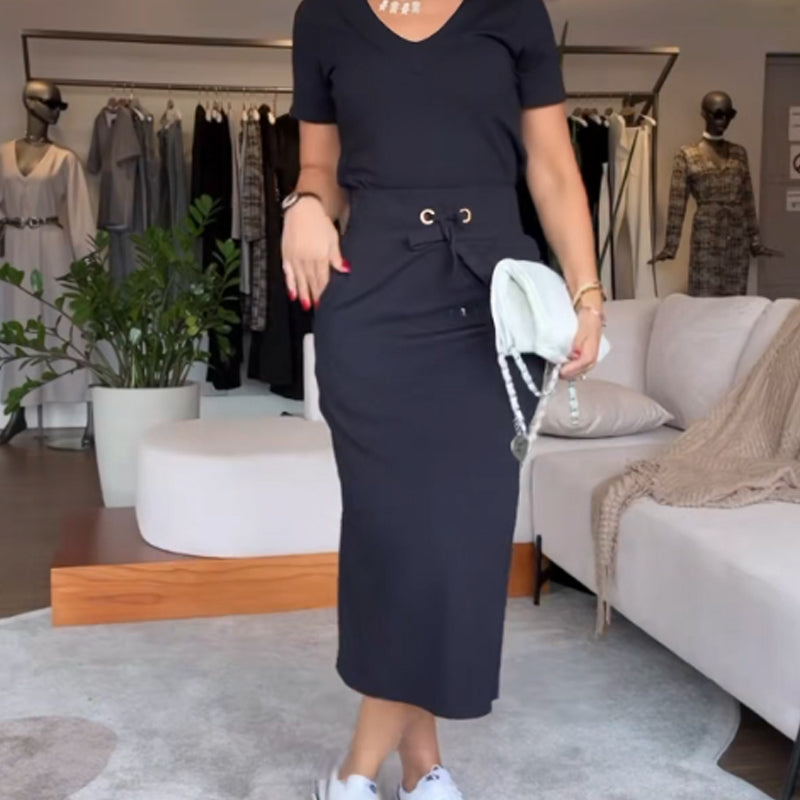 💥Set tricou și fustă midi de damă cu decolteu în V👗