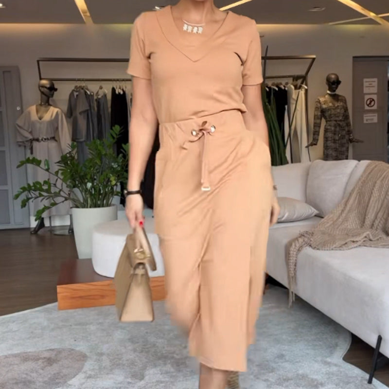 💥Set tricou și fustă midi de damă cu decolteu în V👗