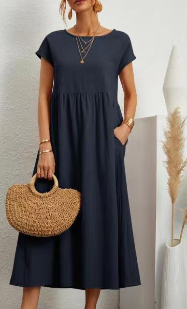š„Rochie de bumbac largi, monocolor, cu buzunare