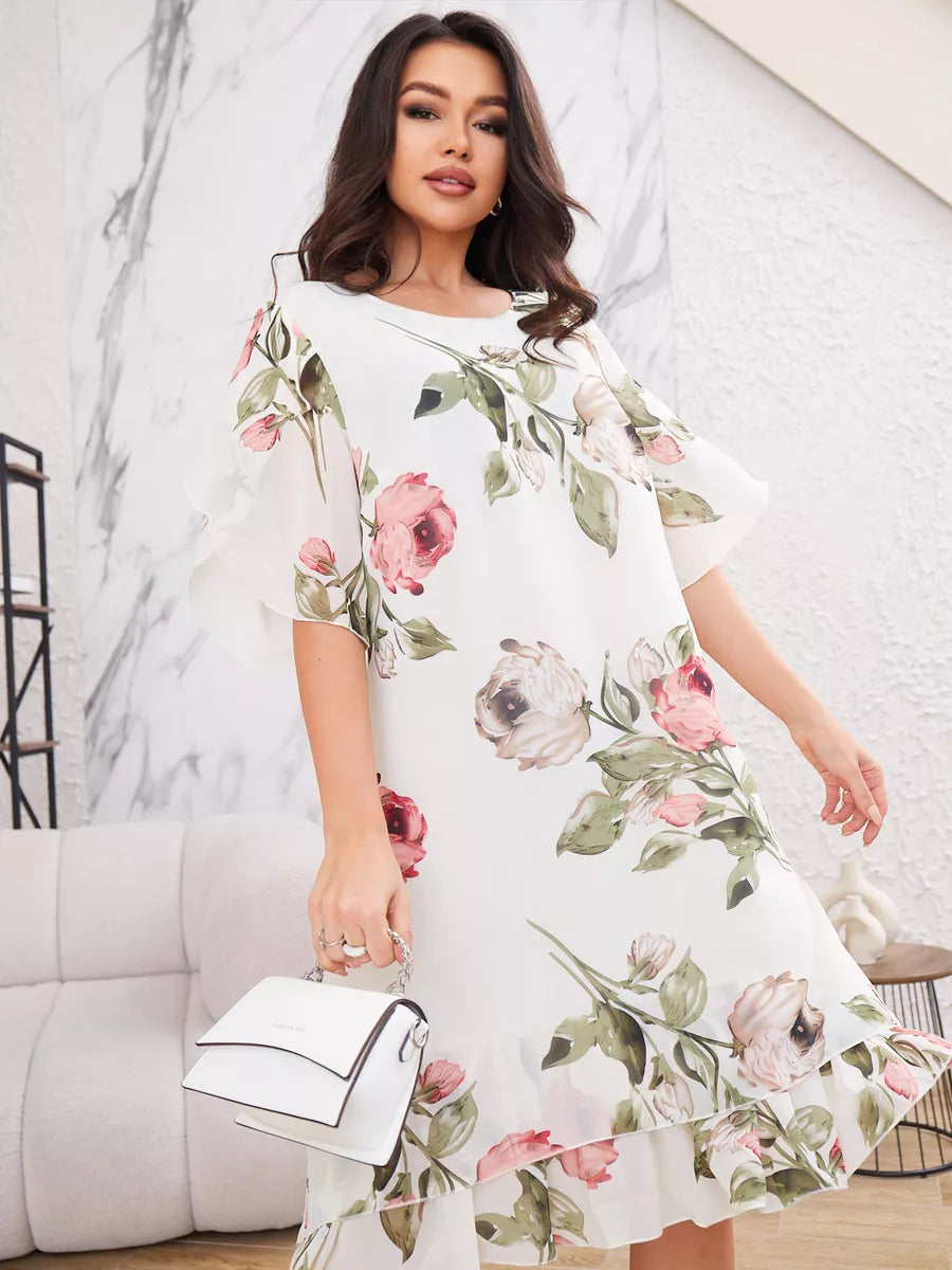 ❀Rochie elegantă de damă din șifon cu mânecă scurtă și imprimeu
