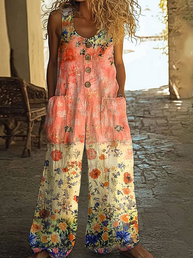 Salopetă casual vintage cu imprimeu floral petic pentru femei