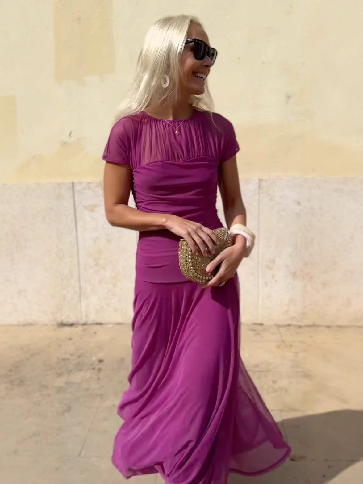 Rochie casual din șifon pentru femei, cu decolteu rotund și cusături