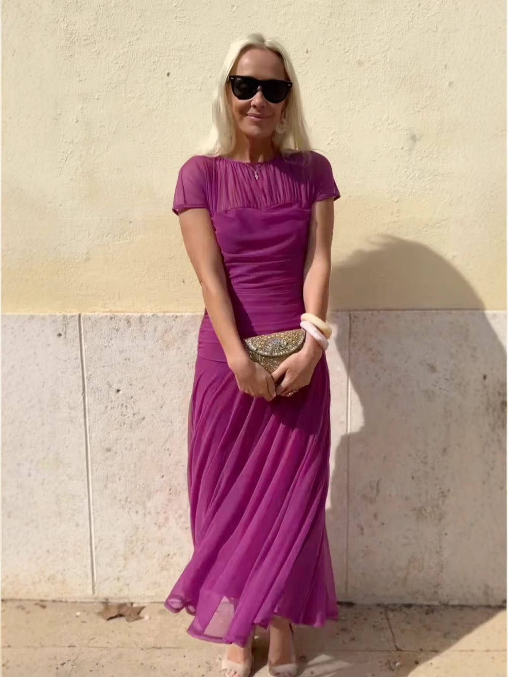 Rochie casual din șifon pentru femei, cu decolteu rotund și cusături