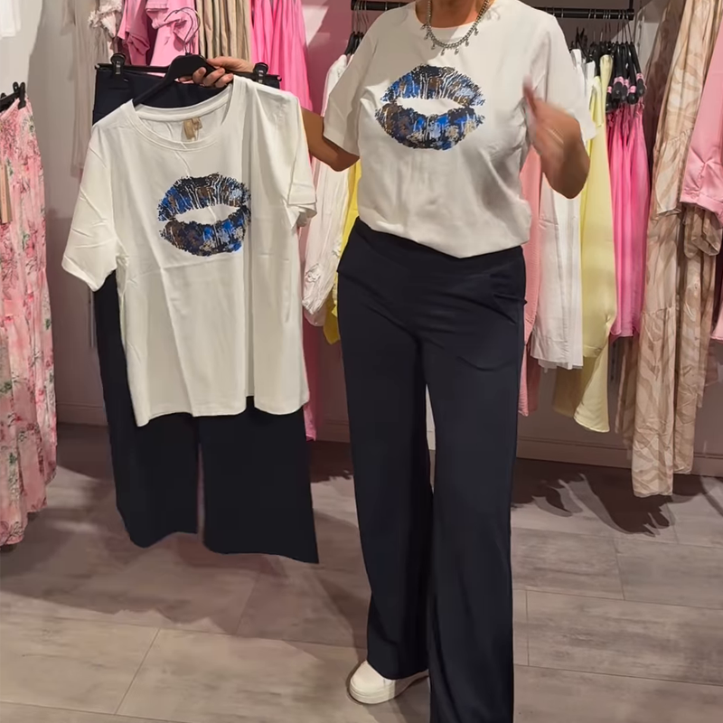 Dwuczęściowy komplet damski z nadrukiem, top i spodnie