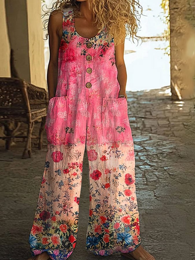 Salopetă casual vintage cu imprimeu floral petic pentru femei