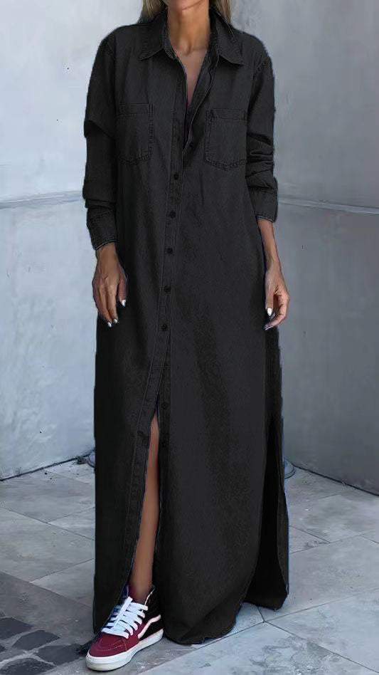 Rochie din denim cu maneci lungi si revere
