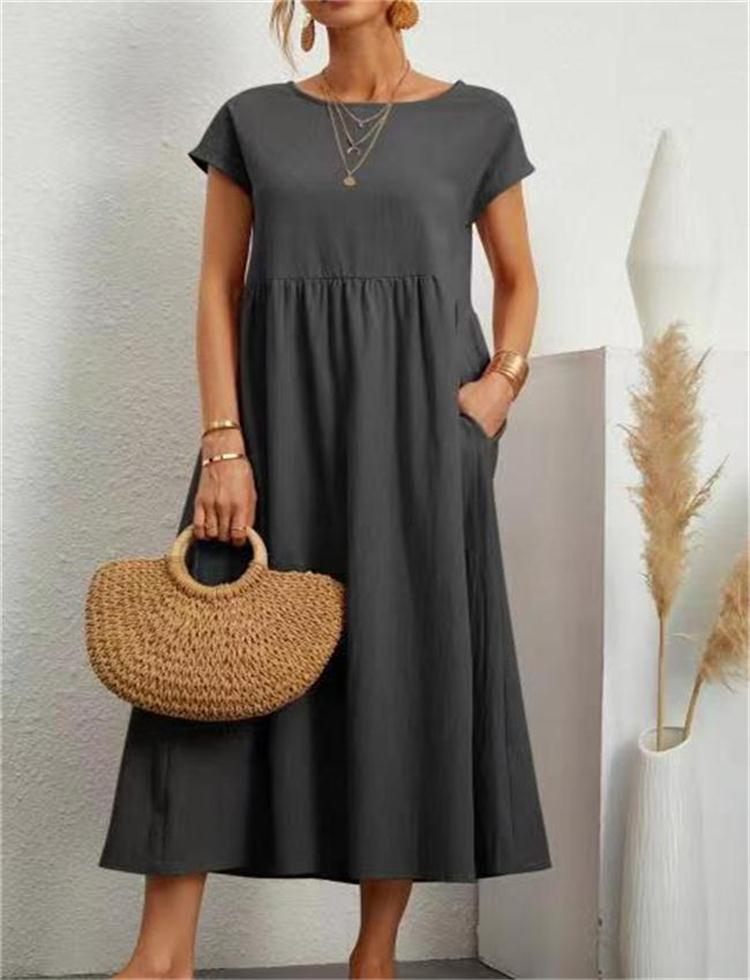 š„Rochie de bumbac largi, monocolor, cu buzunare