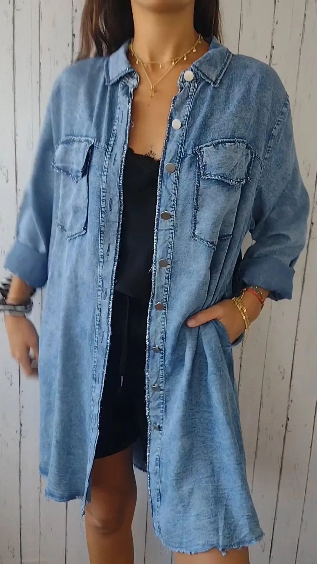 Cămașă confortabilă din denim cu palton lung