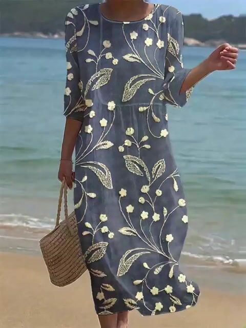Damski stały stały kolor okrągły szyjka w połowie kwiecistej bawełniana i lniana sukienka