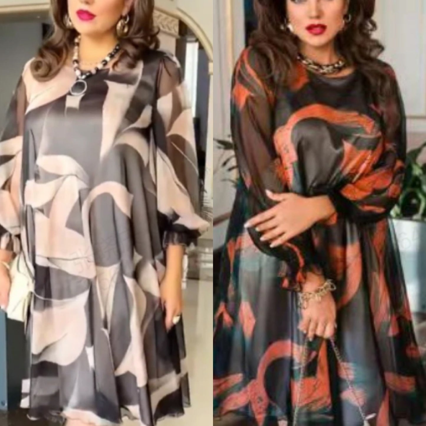 👗Rochie fluidă cu gât rotund, cu mâneci lungi și imprimeu