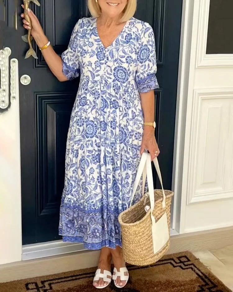 Rochie imprimată cu decolteu în V, elegantă și stilată