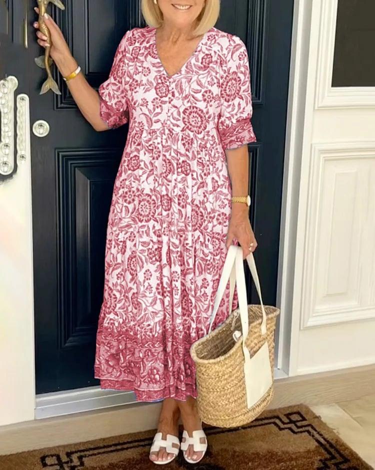 Rochie imprimată cu decolteu în V, elegantă și stilată