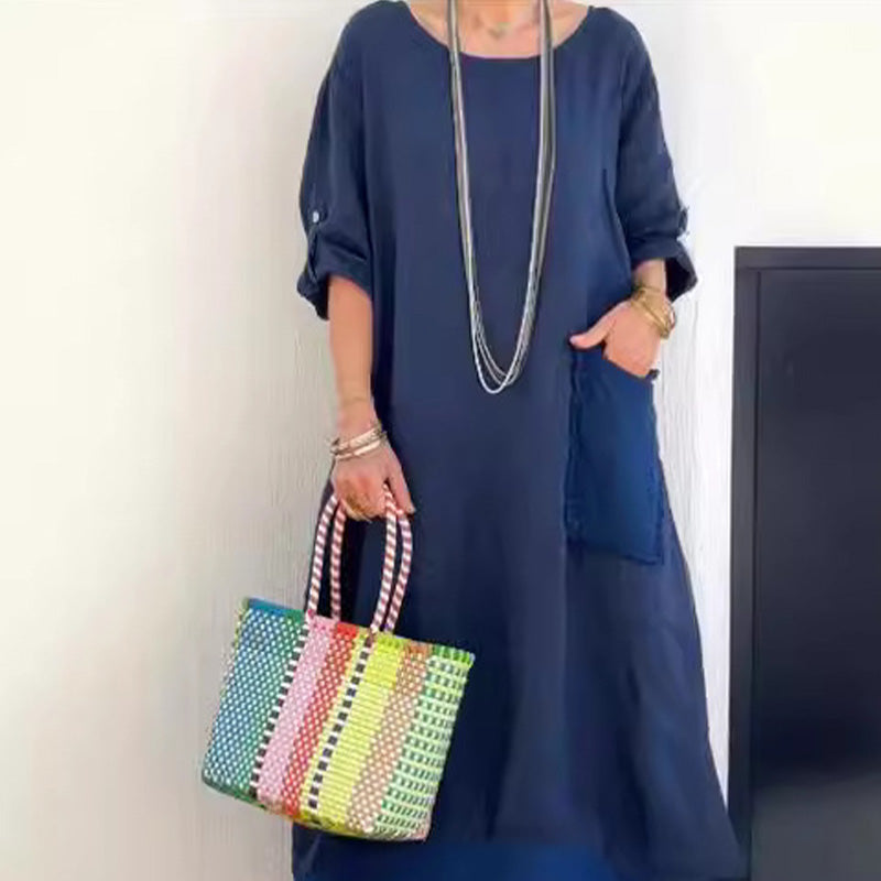 💕Rochie lungă mozaică din bumbac și in