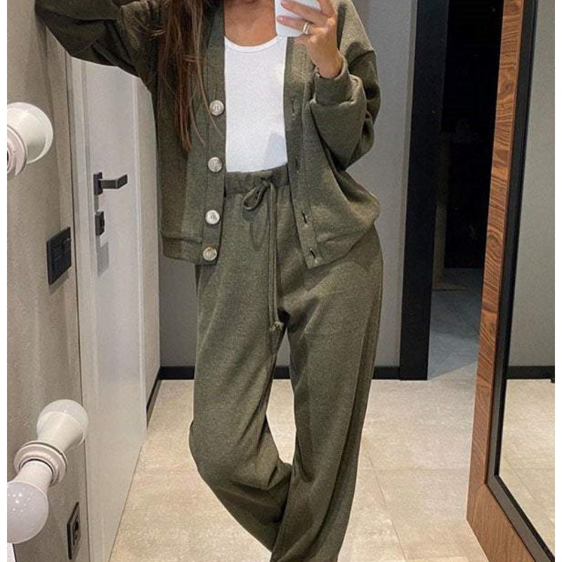 💝Set de dama din doua piese - jacheta tricotata si pantaloni cu nasturi