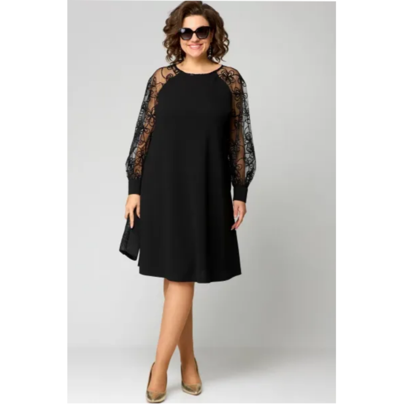 Rochie din dantela patchwork cu maneci lungi si gat rotund