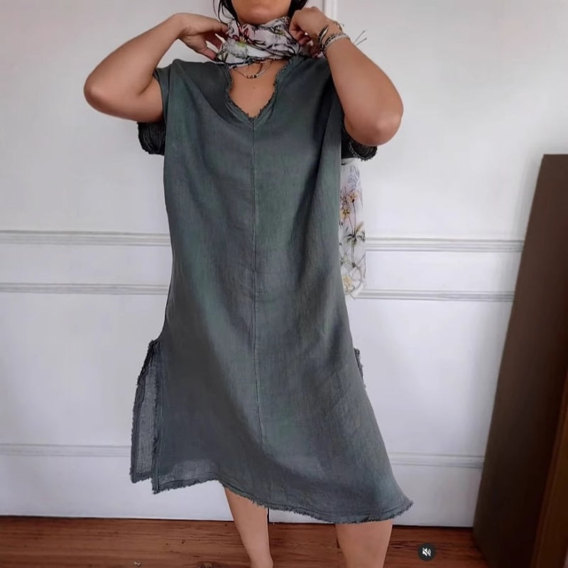 ✨Noutate de primavara✨Rochie din bumbac si in, casual, cu decolteu in V si franjuri
