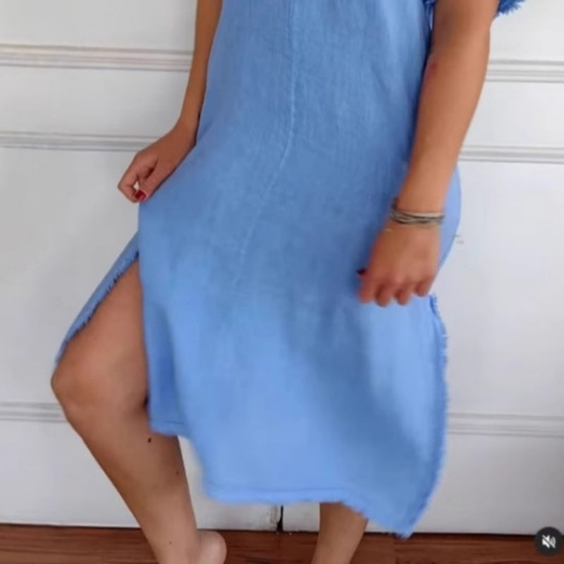 ✨Noutate de primavara✨Rochie din bumbac si in, casual, cu decolteu in V si franjuri