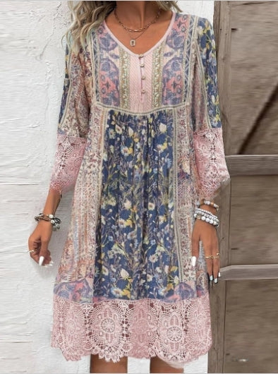 💃Rochie imprimata in stil vintage cu dantela