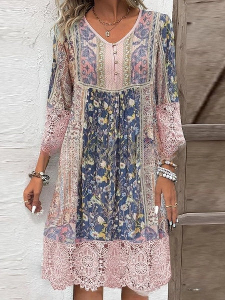 💃Rochie imprimata in stil vintage cu dantela