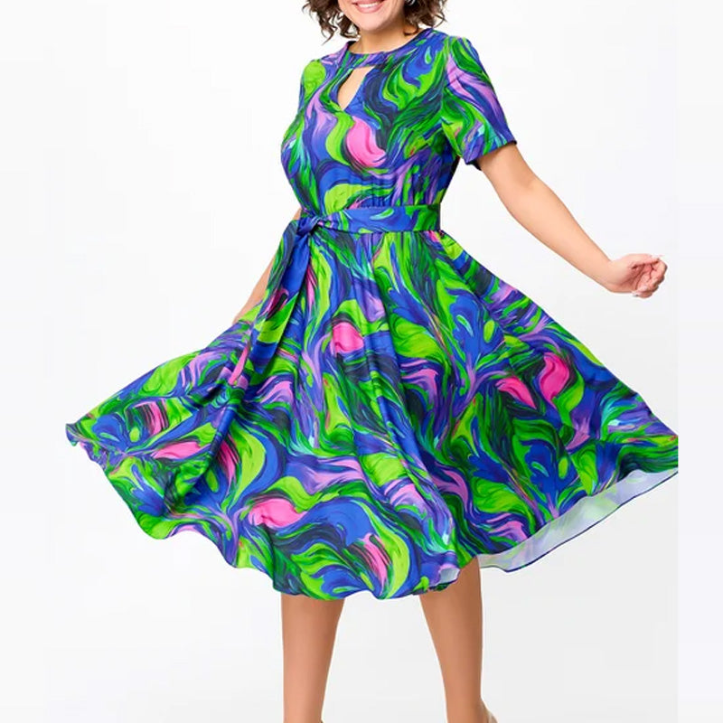 🌈Rochie midi cu mânecă scurtă și imprimeu pentru femei