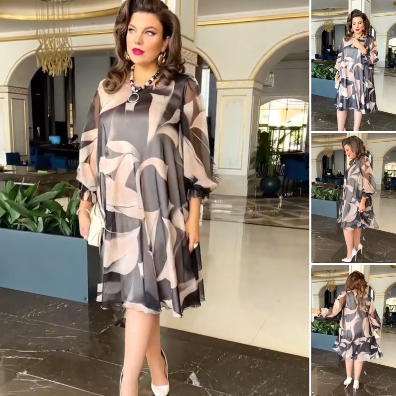 👗Rochie fluidă cu gât rotund, cu mâneci lungi și imprimeu