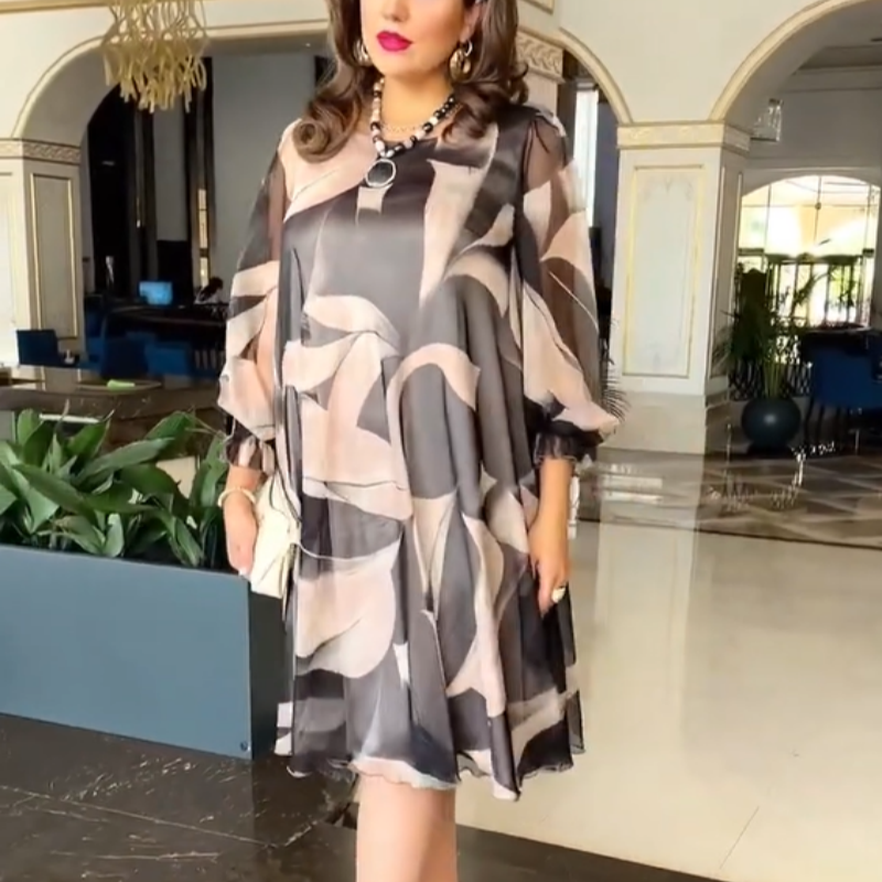 👗Rochie fluidă cu gât rotund, cu mâneci lungi și imprimeu