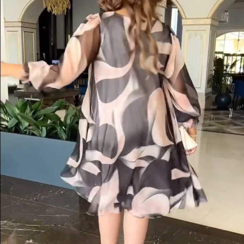 👗Rochie fluidă cu gât rotund, cu mâneci lungi și imprimeu