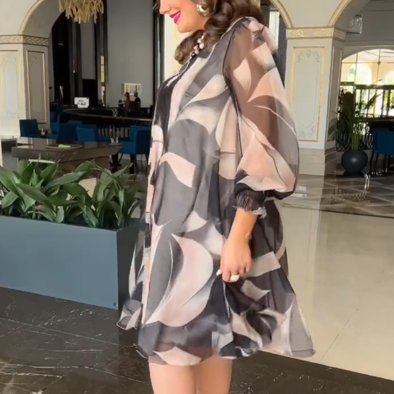 👗Rochie fluidă cu gât rotund, cu mâneci lungi și imprimeu
