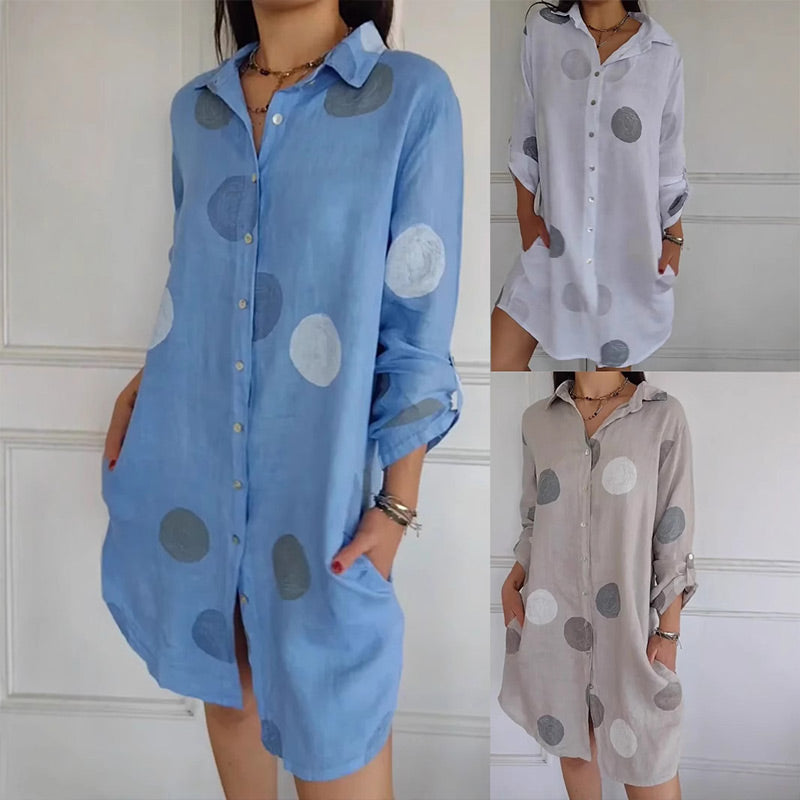 Rochie camasa de marime plus cu buzunare si imprimeu cu buline
