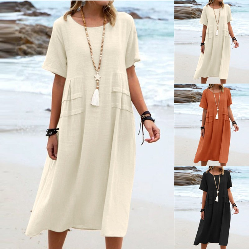 💖Rochie din bumbac din in cu decolteu rotund