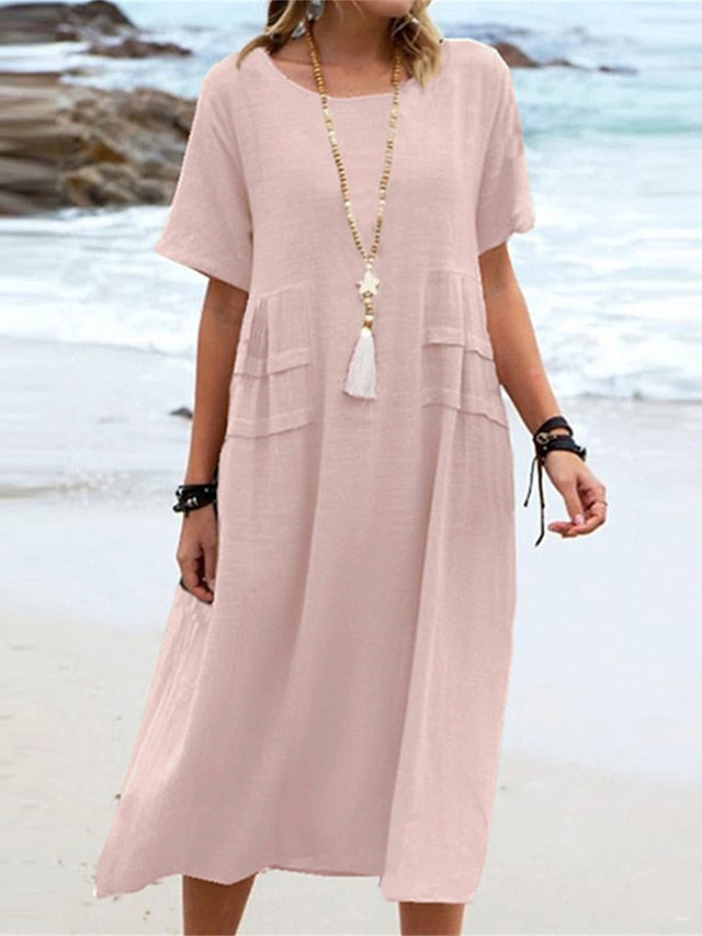 💖Rochie din bumbac din in cu decolteu rotund