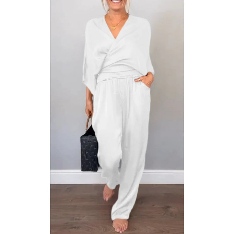 💞💞 Set de două piese pentru femei, inclusiv top cu decolteu în V și pantaloni