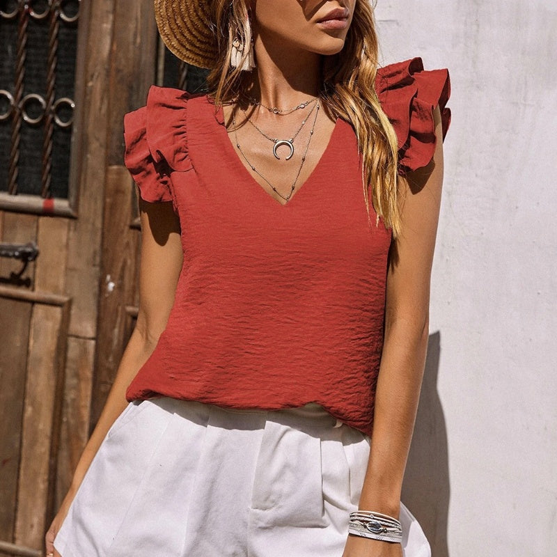 【S-2XL】👚 Top cu decolteu în V cu volan, fără mâneci
